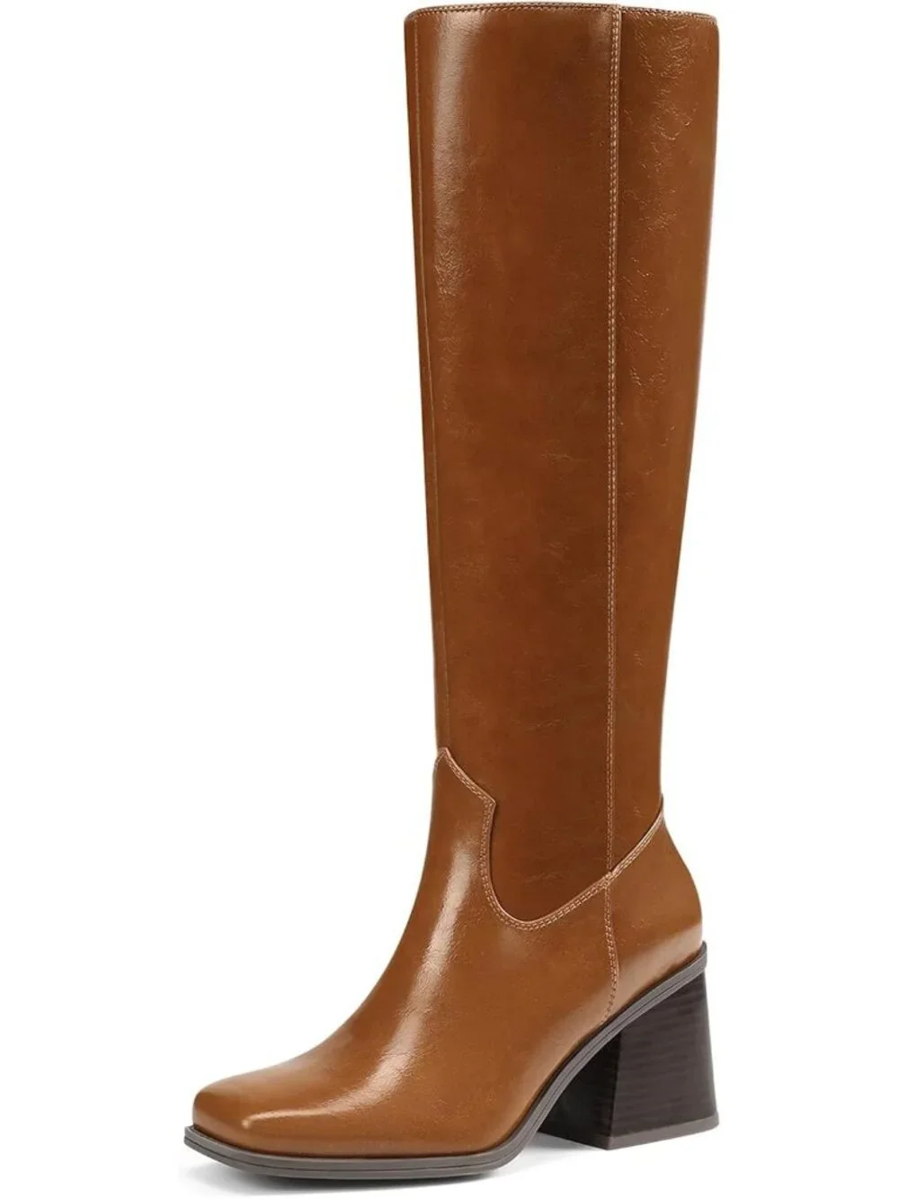 Women's Tan Chunky Block Heel Square Toe Side Zipper Knee High Boots